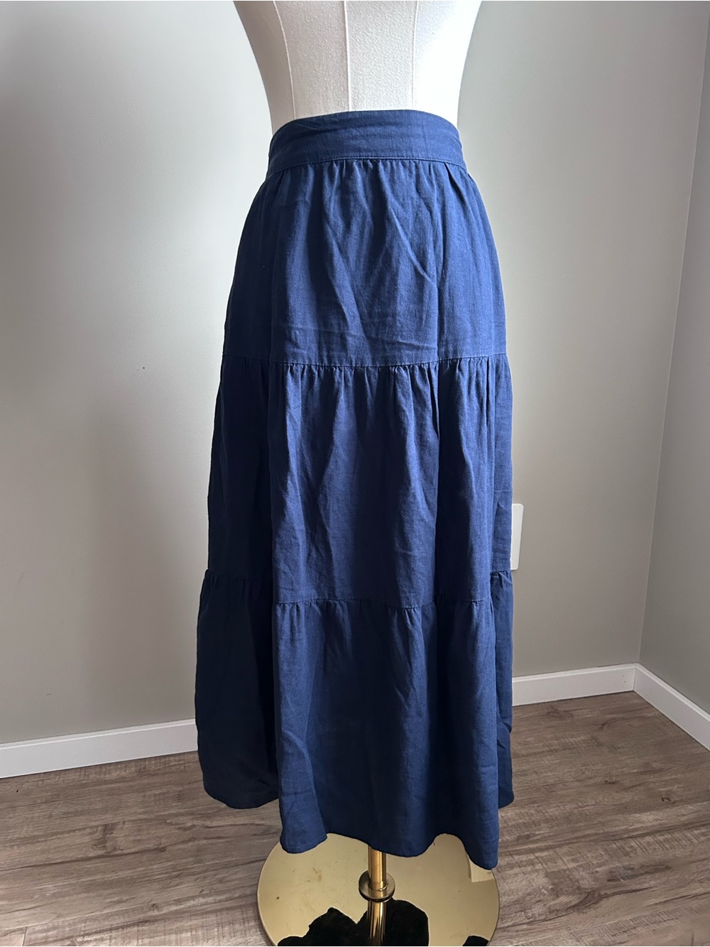Linen blend Tiered Midi pull on Skirt Navy Blue with pockets fall neutral basic - Picture 2 of 8